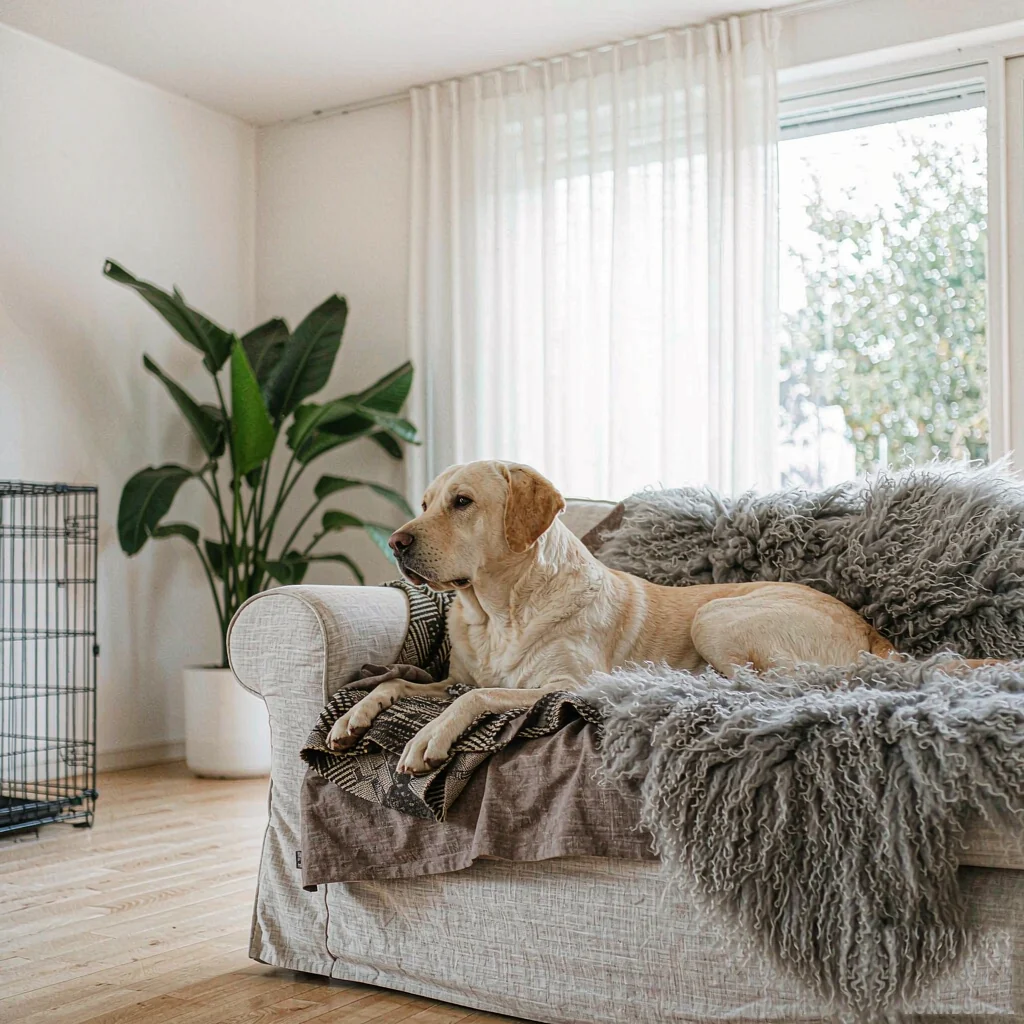 A labrador relaxing on a linen sofa in a bright Scandinavian living room
