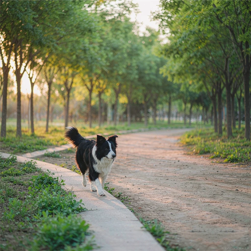 A border collie walking on a tree-lined park path in morning light
