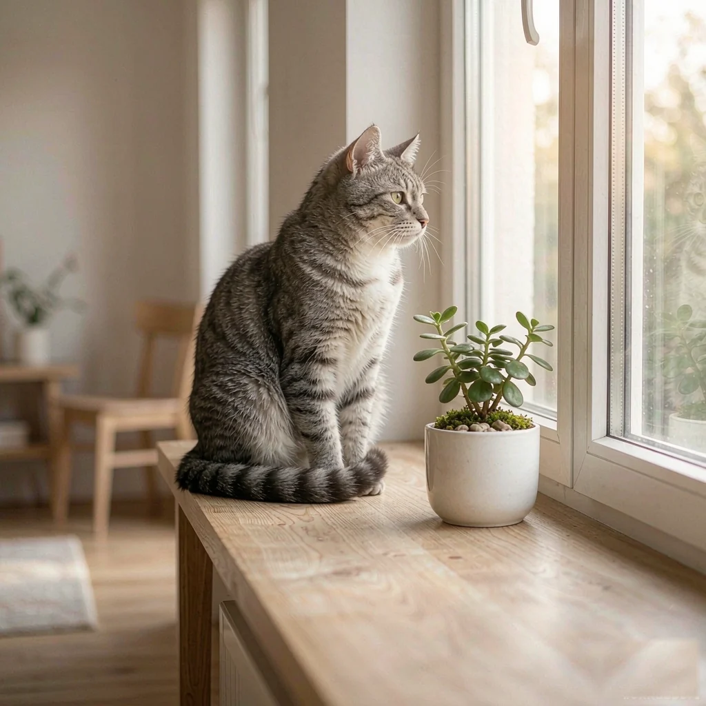 A grey tabby cat sitting on a windowsill beside a potted plant