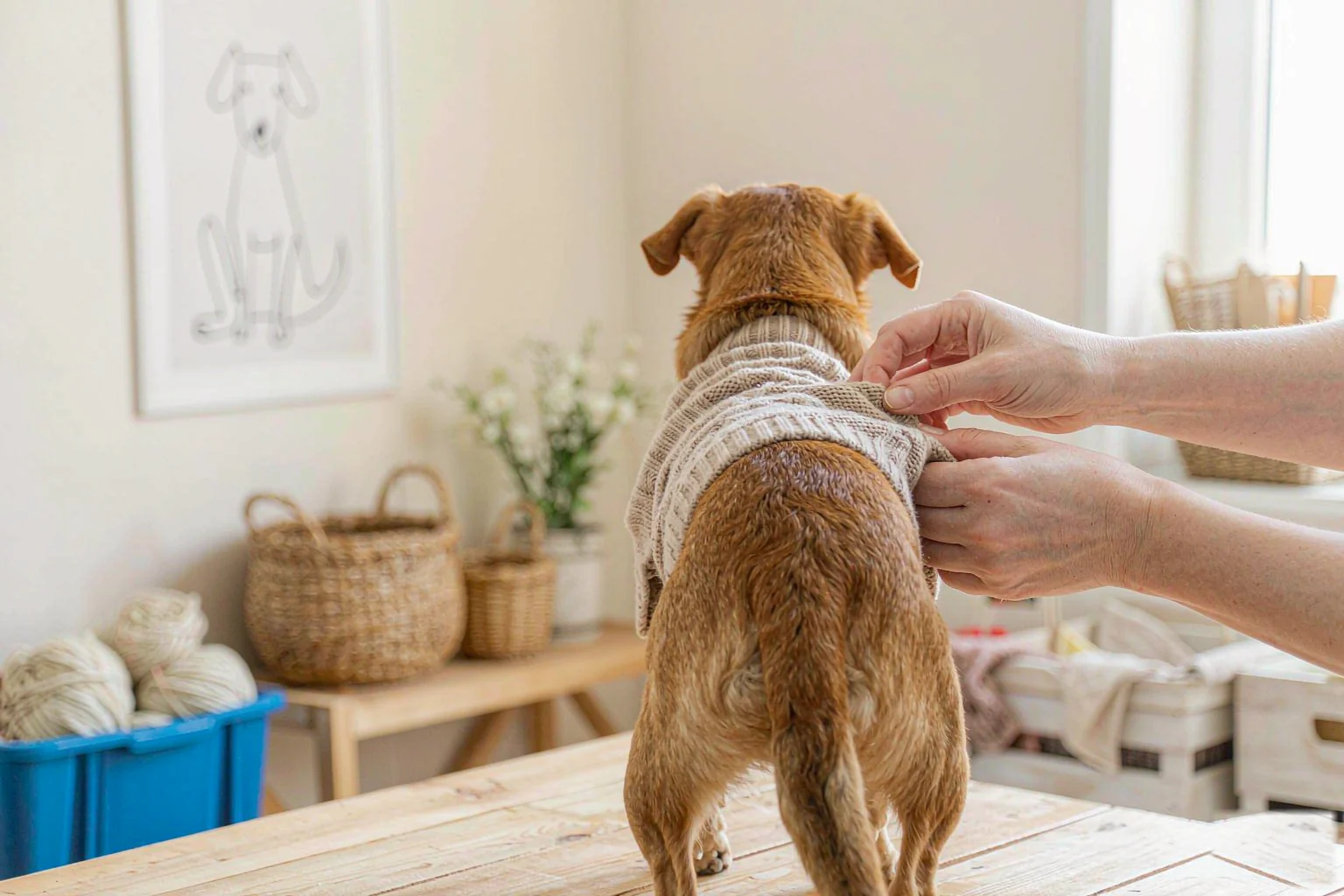 Hands fastening a knitted jumper onto a small dog in a bright home workshop