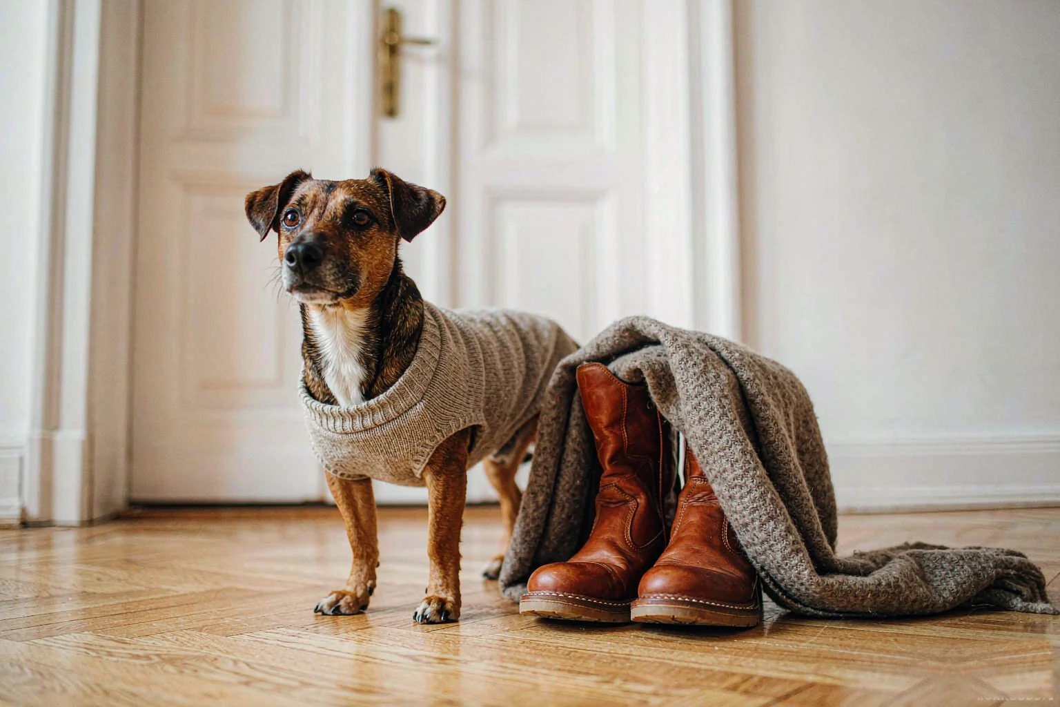 A small dog wearing a knitted oatmeal jumper beside winter boots