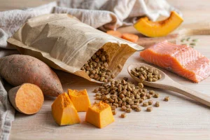 Dog kibble with sweet potato, pumpkin and fresh salmon ingredients