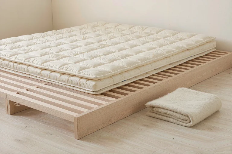 A quilted mattress pad resting on a slatted wooden base