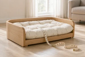 A wooden pet bed with a measuring tape coiled in front of it