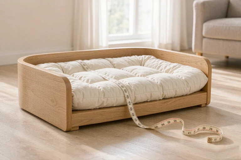 A wooden pet bed with a measuring tape coiled in front of it