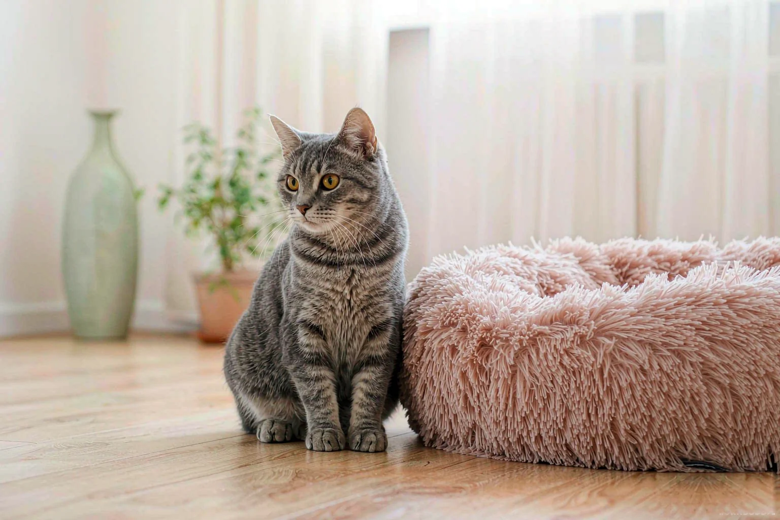 A grey tabby cat sitting on the floor beside a pink pet bed