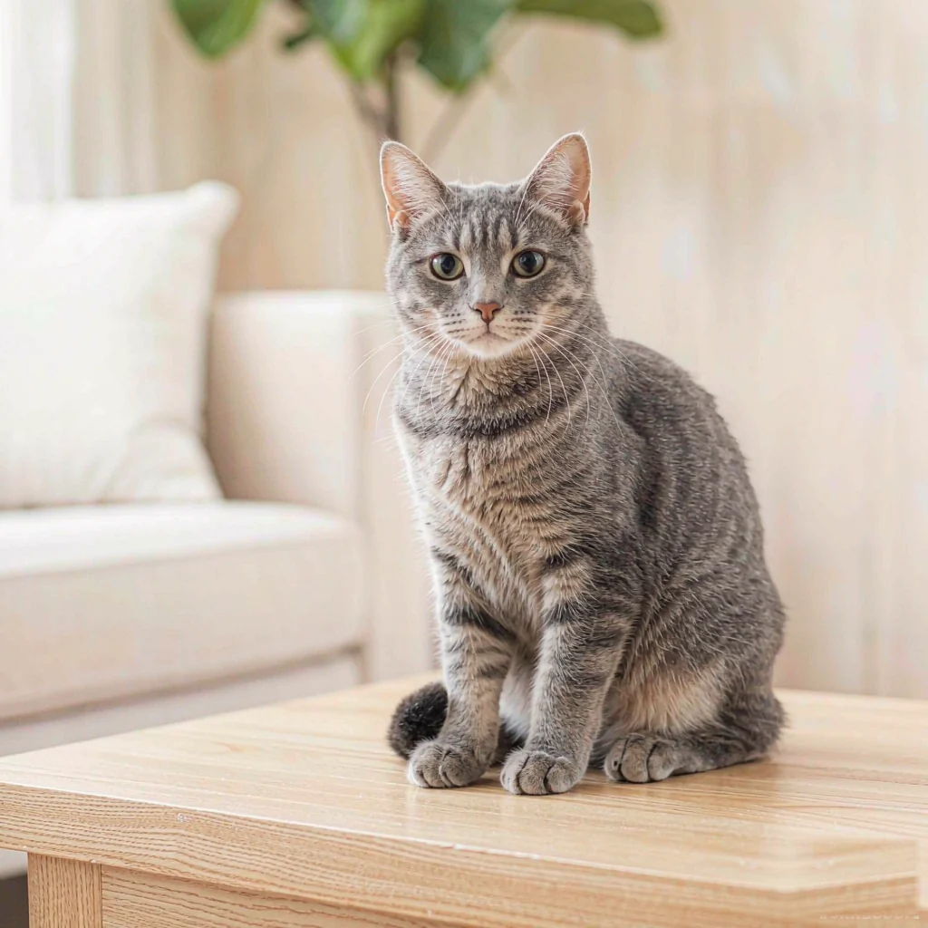 A grey tabby cat sitting on a light oak surface
