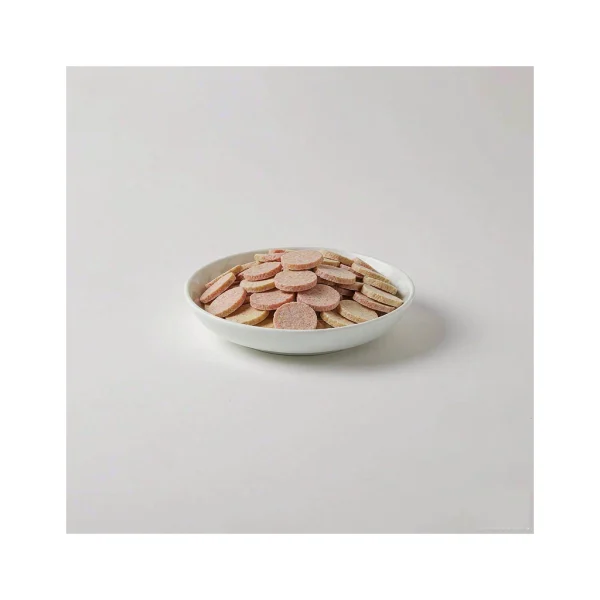 Freeze-dried raw pet food medallions in a white ceramic bowl